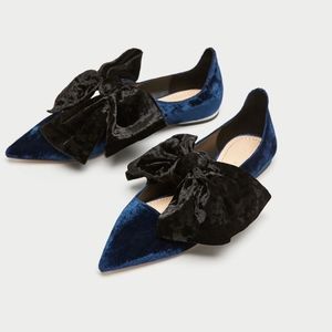 ZARA Blue Pointy Velvet Bow Ballet Flats